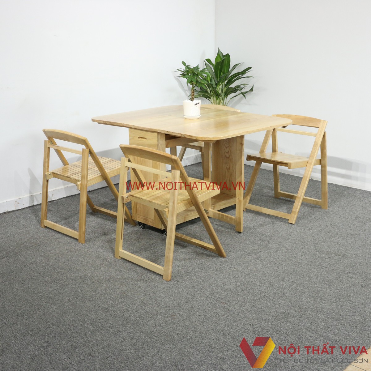 Bàn Ăn Thông Minh Xếp Gọn Gỗ Sồi Tự Nhiên 4 Ghế Đẹp Giá Rẻ