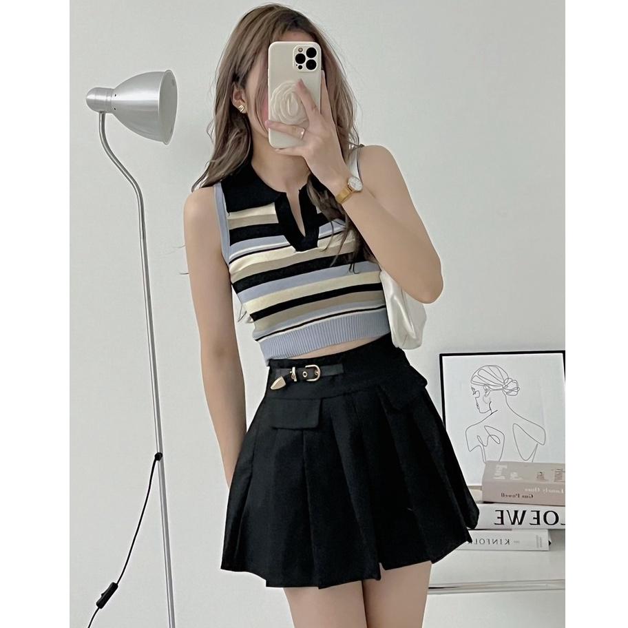 Áo len dệt kim Montoghi 3 LỖ CỔ ĐỨC Quảng Châu sọc ngang dáng ôm croptop cực xinh