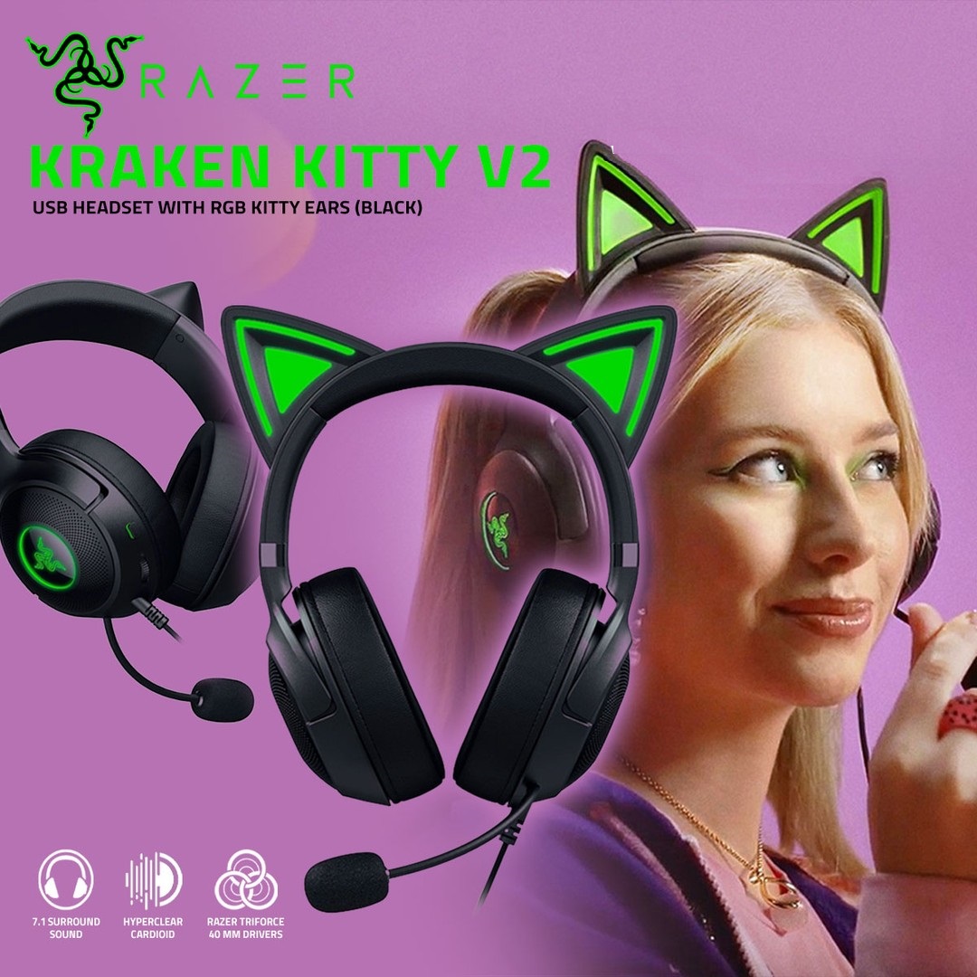 Tai nghe có dây choàng đầu Razer Kraken Kitty V2-USB Headset with RGB Kitty Ears_Mới, hàng chính hãng