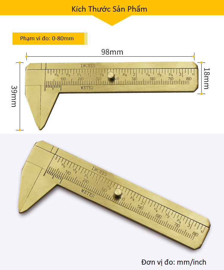 Thước kẹp 80mm bằng đồng đo độ dài, rộng chi tiết của sản phẩm ( Tặng kèm miếng thép để ví 11in1 )
