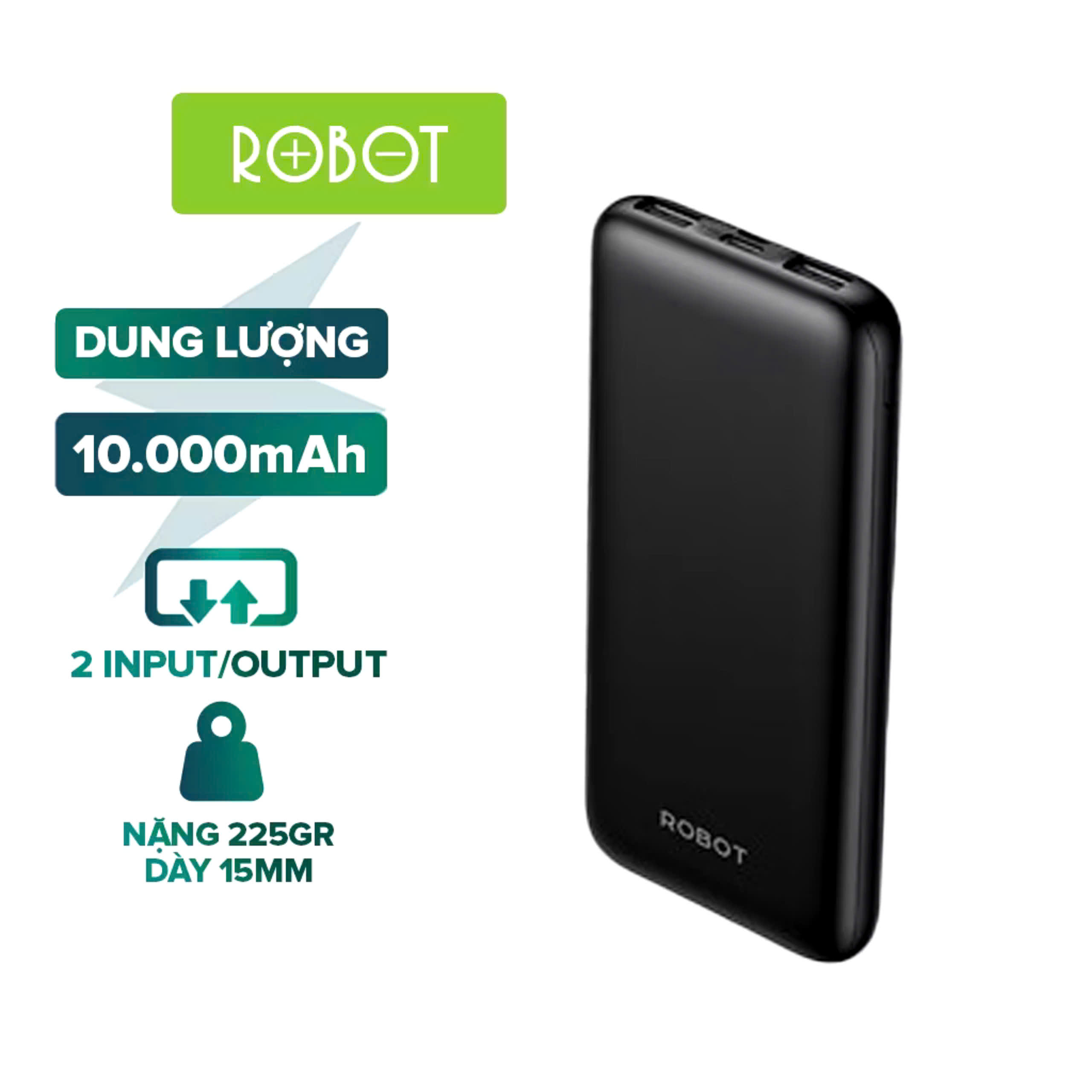 Pin Sạc Dự Phòng 10000mAh ROBOT RT180 RT12 Có 2 Cổng Sạc Ra USB &amp; 2 Cổng Sạc Vào Micro/Type-C, hàng nhập khẩu
