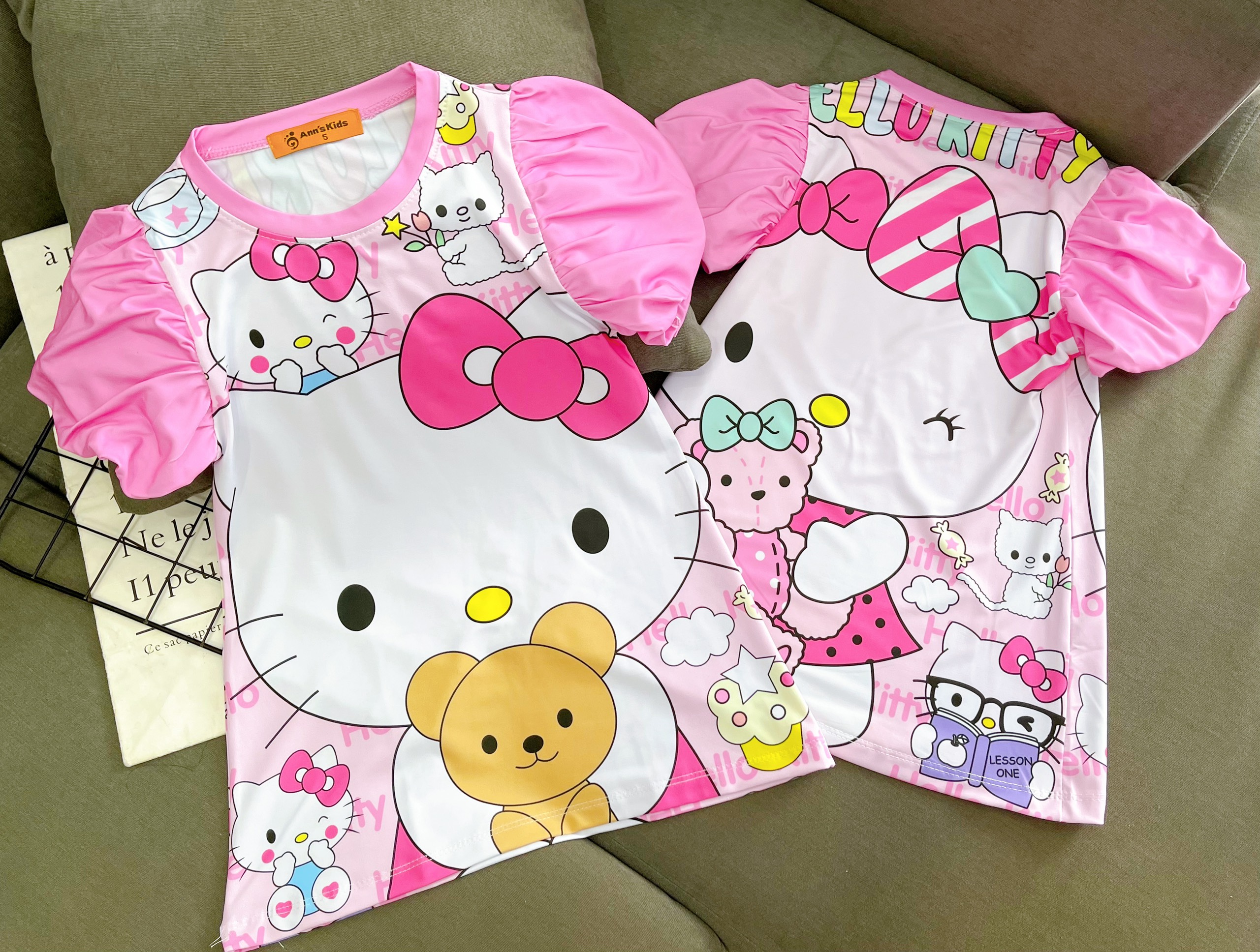 Đầm váy suông tay phồng mùa hè cho bé gái hình Hello kitty Doremon Pony Mickey size 12-30kg chất cotton mềm mát