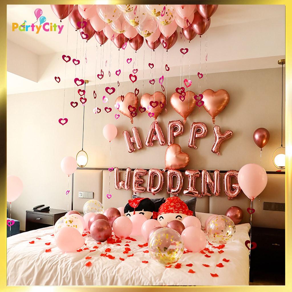 Set trang trí phòng cưới Happy Wedding️FREESHIP️tone hồng gold PCC004