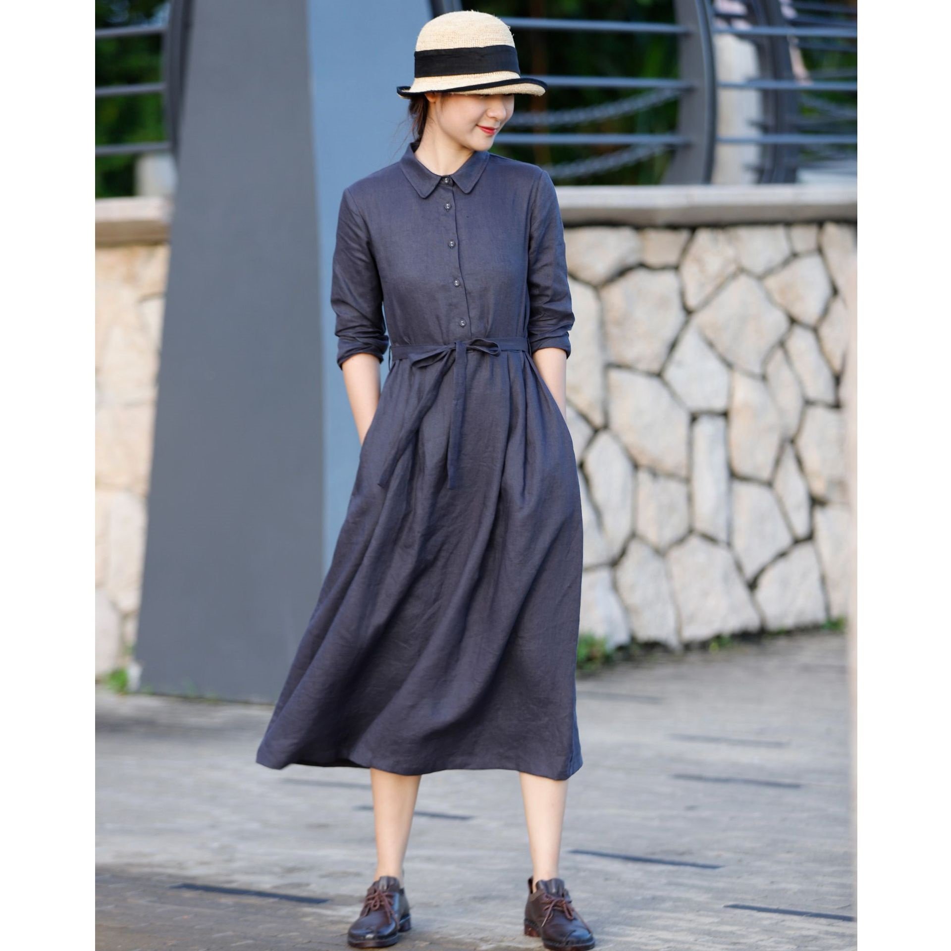 Đầm sơ mi nữ thời trang thiết kế dây thắt eo, chất linen mềm mát màu xanh đen thời trang hè cho nữ Da161