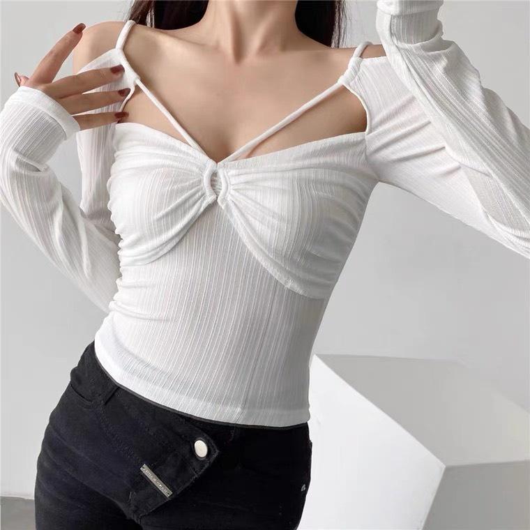 Áo croptop nữ dài tay HAGA áo khoét ngực luồn dây ALDN60