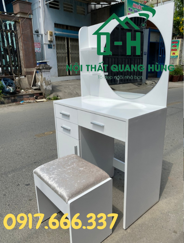 BÀN TRANG ĐIỂM  KÍNH TRÒN GỖ MDF MÀU TRẮNG DÀNH CHO CHỊ EM