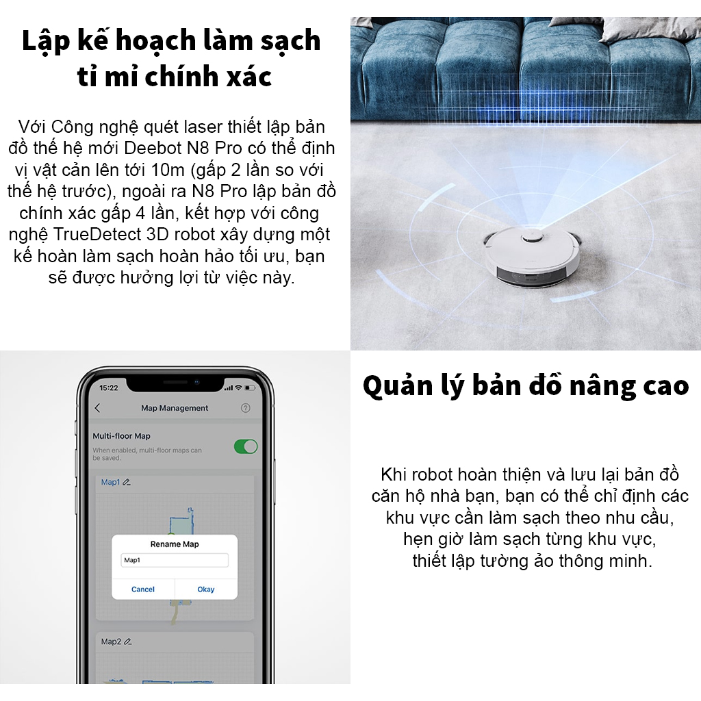 Robot Hút Bụi Ecovacs Deebot N8 Thông Minh Công Nghệ Quét Laser Thiết Lập Bản Đồ TrueMapping , Lực Hút Lớn Lên Tới 2300pa - Hàng Chính Hãng