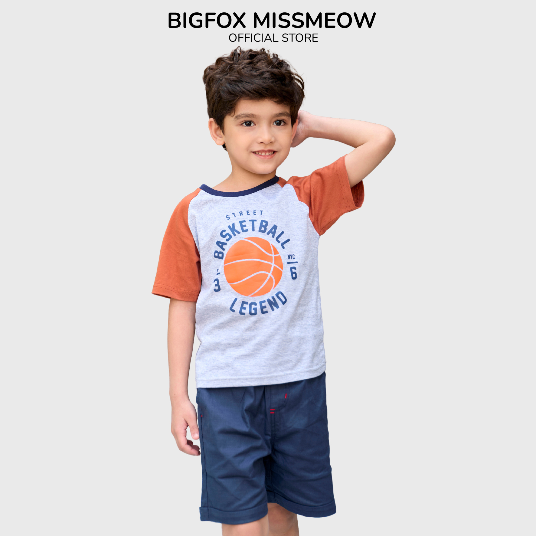 Áo bé trai cộc tay Bigfox Miss Meow size đại, áo thun bé trai phong cách Hàn Quốc in Basketball cỡ 3-11 tuổi 30kg 40kg