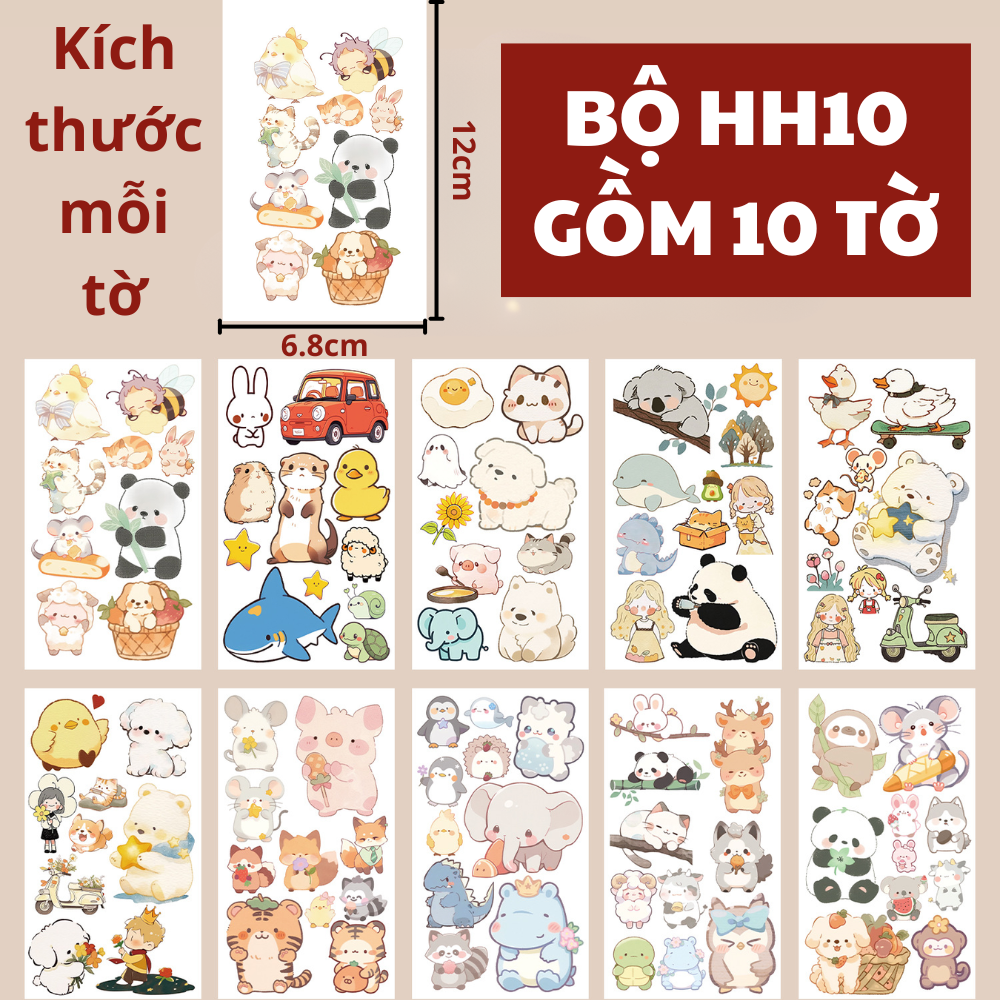 10 Tờ Hình Xăm Dán Tattoo Động Vật Dễ Thương Hình Gấu Thỏ Panda Hamster Hổ Chim Cánh Cụt Hà Mã Hoa Ốc Sên Cho Bé