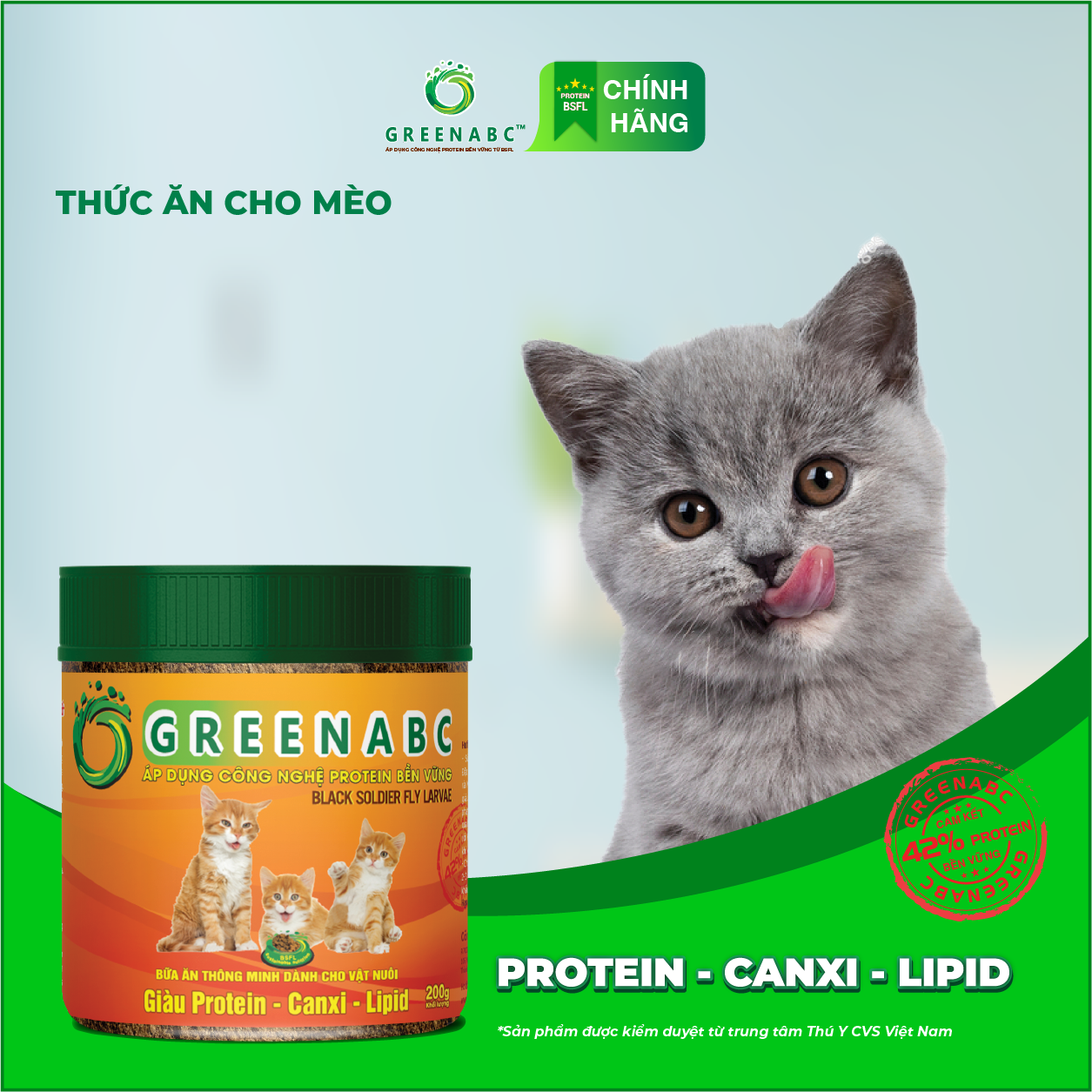 Thức ăn cho Mèo GREENABC - Bột bổ sung đủ dinh dưỡng protein 44.9%, canxi 1.33%, lipid 20.1% giúp tiêu hóa tốt, tăng đề kháng, lông mượt - Hộp 200g