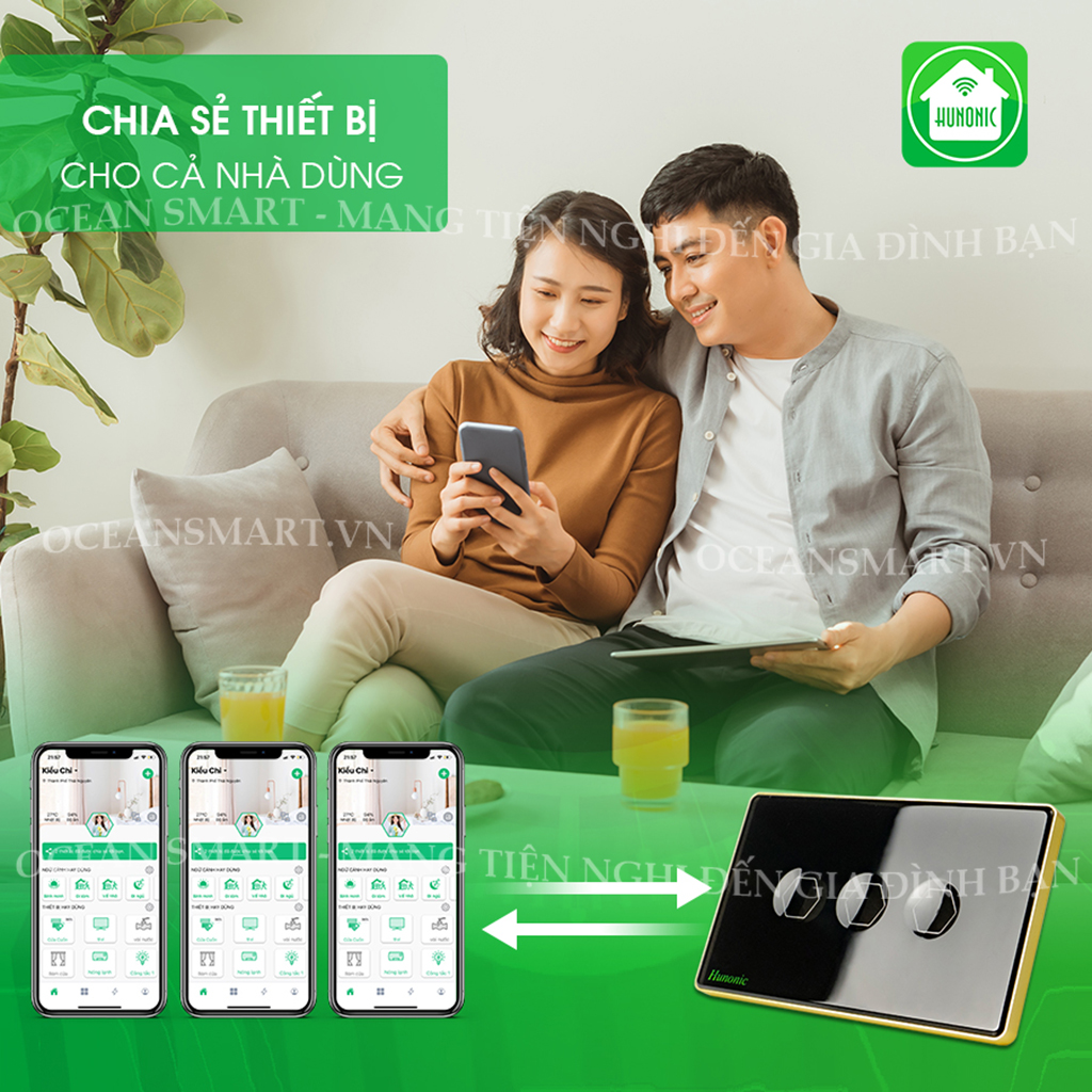 Công Tắc Cảm Ứng Thông Minh Hunonic Premium, Công Tắc Điều Khiển Từ Xa Qua Điện Thoại Viền Vàng - HNPRECD