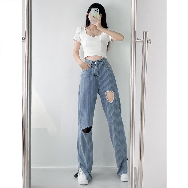 【Cocory】Women Korean Retro High waist Fork Loose Casual Straight Thin All Match Hole Jeans