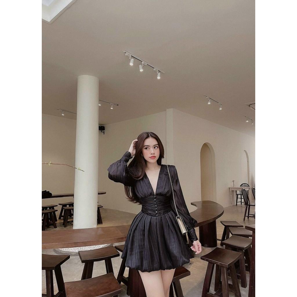 Đầm Dự Tiệc Tay Dài Phồng Vai Cổ V Bo Eo Đuôi Bí - Vải Tơ - 3 Màu Trắng, Đen, Hồng - Dành Cho Nàng Đi Tiệc