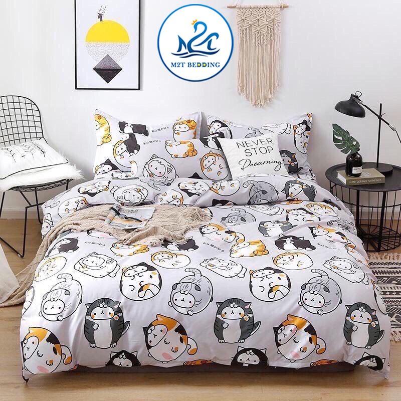 Bộ chăn ga gối Cotton poly M2T Bedding Mèo mập. vỏ chăn mền, drap nệm và 2 vỏ gối