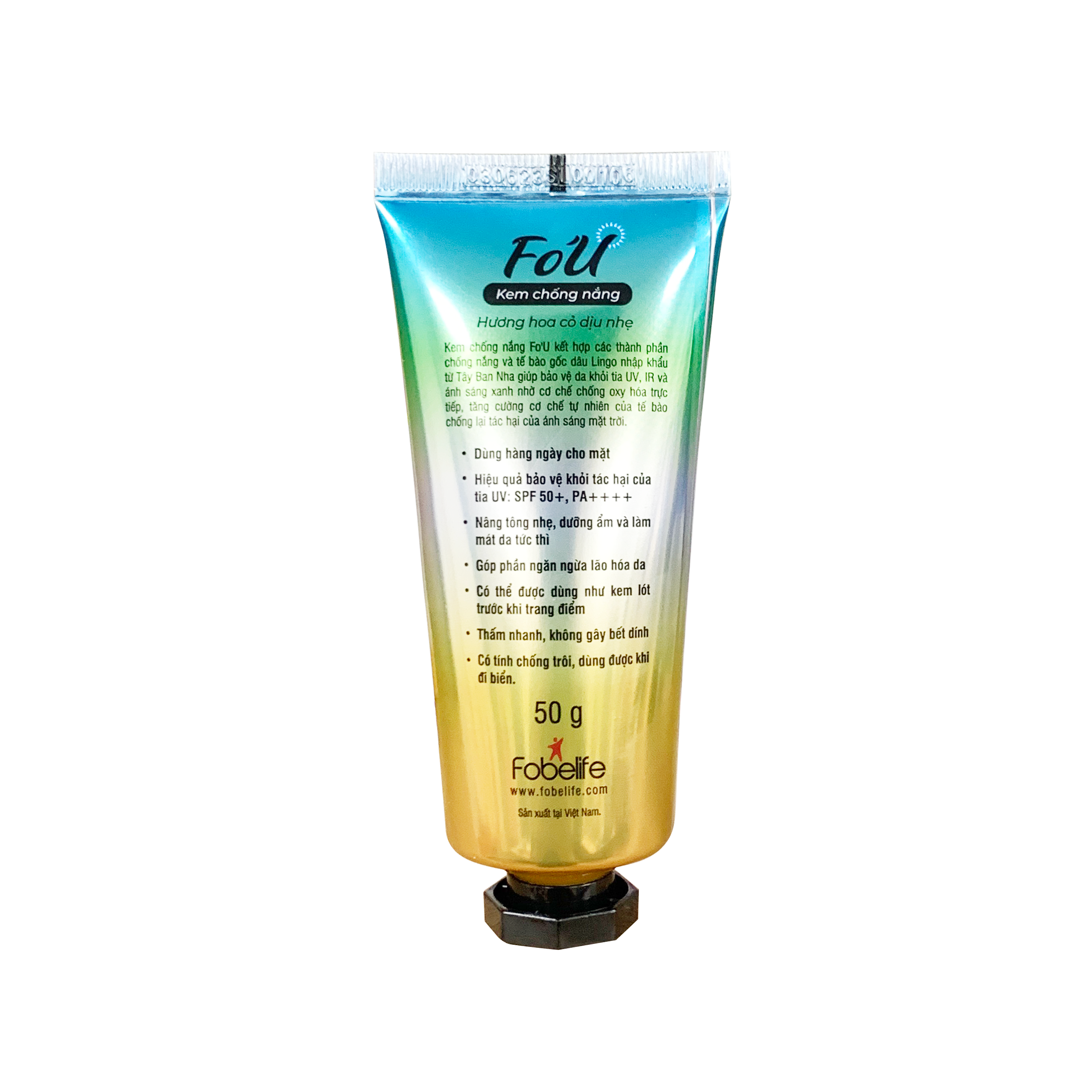 Kem Chống Nắng Fo'U SPF 50+ PA ++++, Nâng Tone Nhẹ, Dưỡng Ẩm Da, Chống Nước Không Gây Bết Dính - Tuýp 50g
