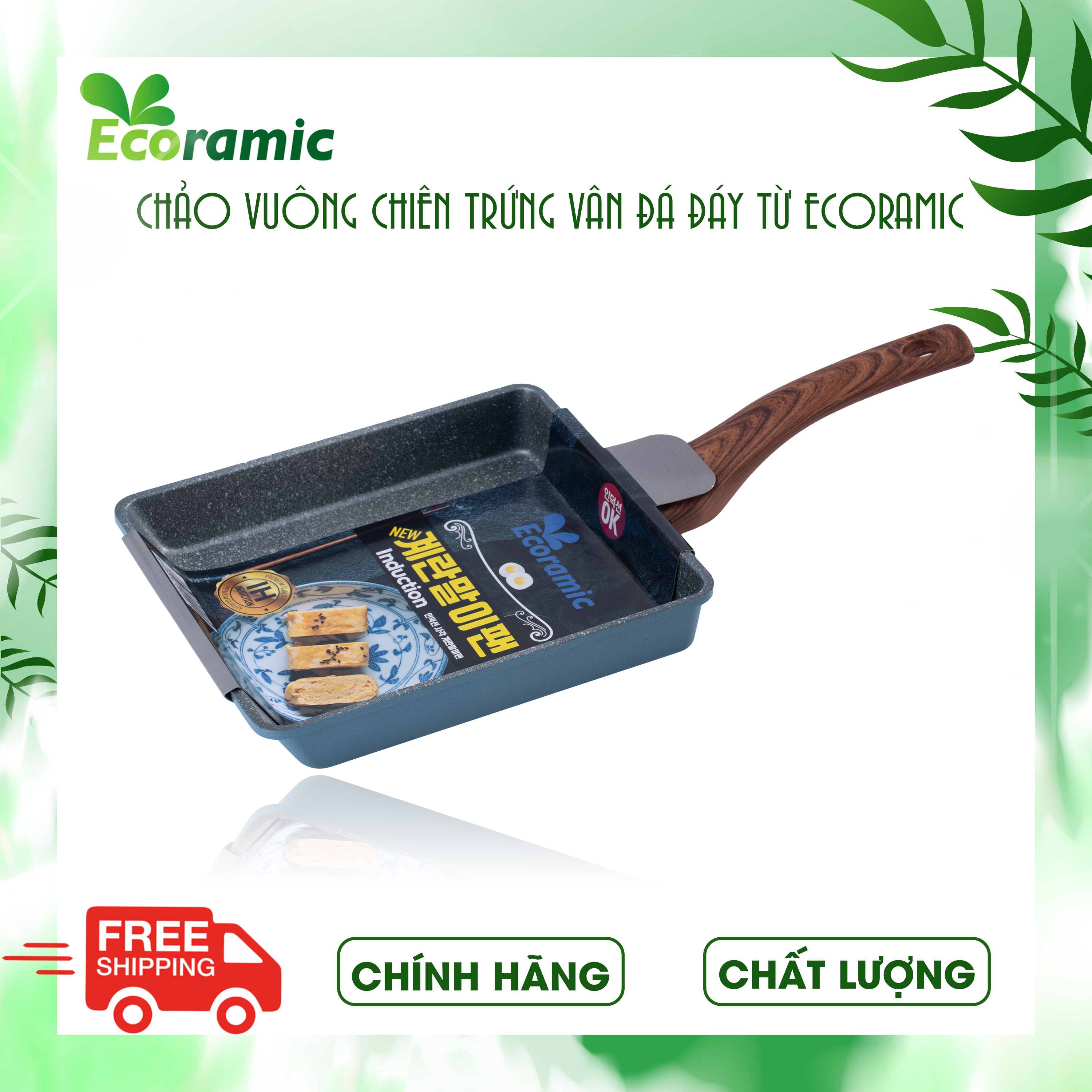 Chảo Vuông Vân Đá Đáy Từ Ecoramic Chính Hãng Cao Cấp, Chống Dính, Siêu Bền