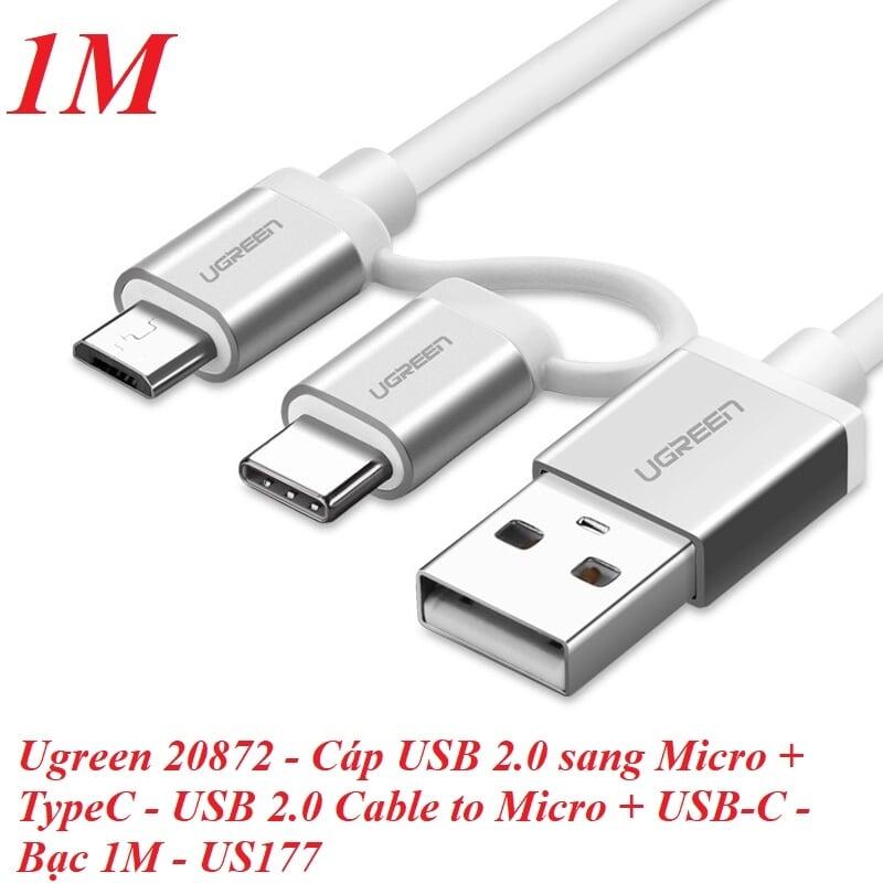 Ugreen UG20872US177TK 1M màu Bạc Cáp USB-A sang Micro USB + USB-C cao cấp - HÀNG CHÍNH HÃNG