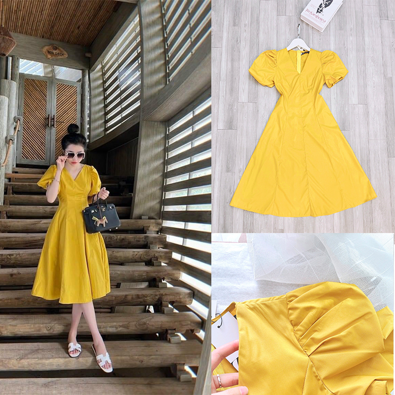 Đầm xòe vàng cổ V tay ngăn bồng DN559
