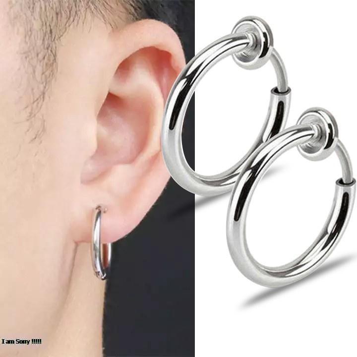 Bông tai nam inox khoen tròn cao cấp 1 cặp Kpop thép không gỉ không bấm lổ tai