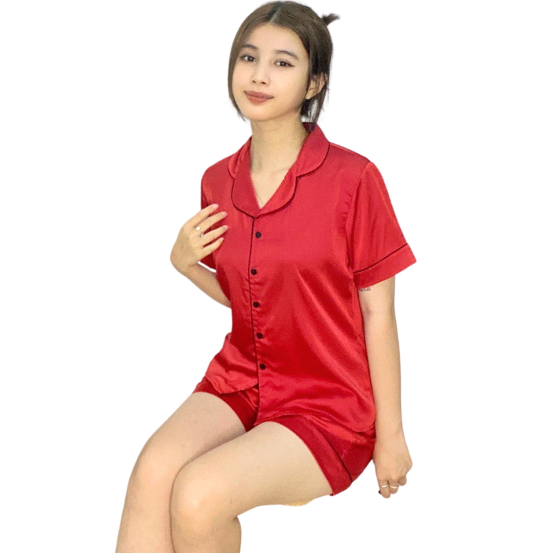 Bộ đồ Pijama lụa, đồ mặc nhà nữ VILADY - B125 kiểu quần đùi tay cộc họa tiết trơn, chất liệu lụa Pháp cao cấp - Màu đỏ đô