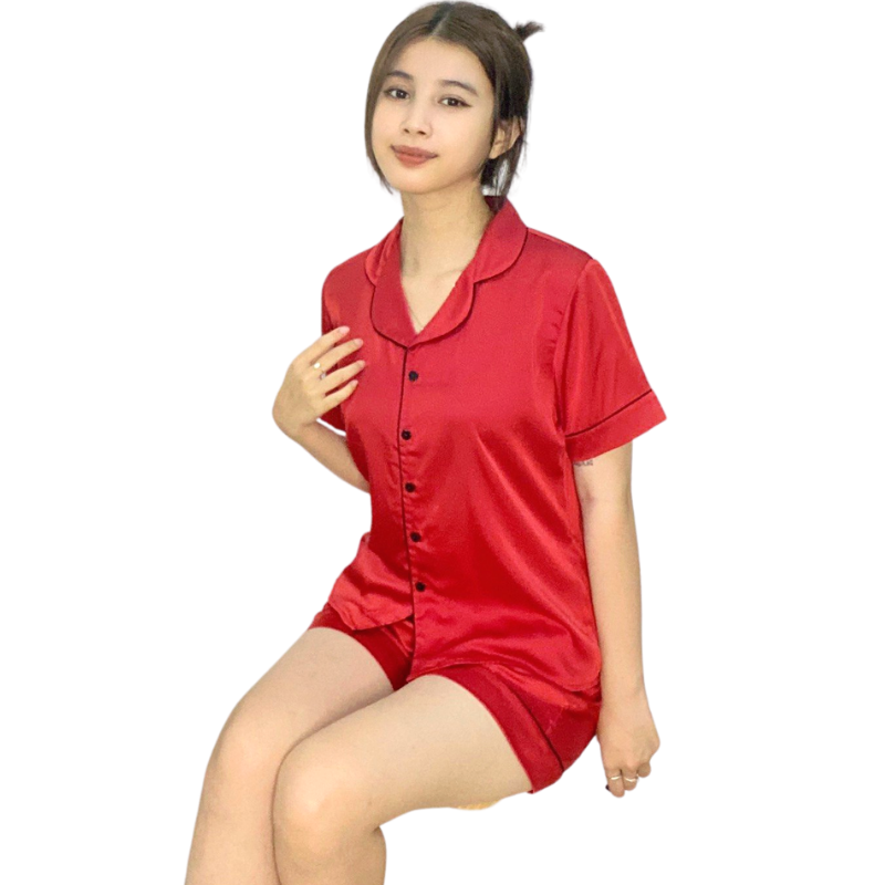 Bộ đồ Pijama lụa, đồ mặc nhà nữ  VILADY - B125 kiểu quần đùi tay cộc họa tiết trơn, chất liệu lụa Pháp (lụa latin) cao cấp - Màu đỏ đô