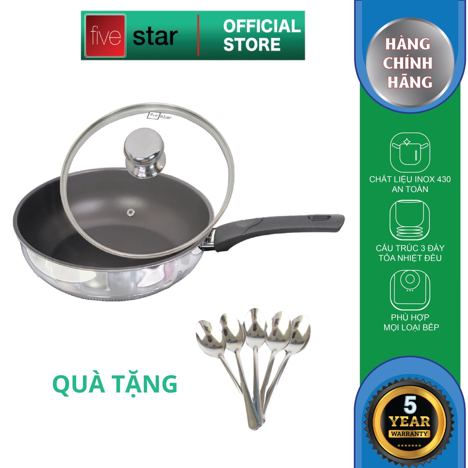 Chảo Đáy Từ Chống Dính Sâu Lòng Cao Cấp Fivestar Inox 430 , Tặng 5 Muỗng Ăn - Chảo Có Nắp 28Cm