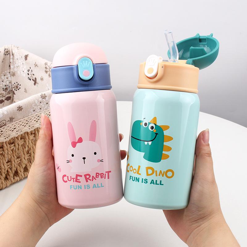 Trẻ Em Ống Hút Giữ Nhiệt Kawaii Cốc Tập Uống Có Ốp Lưng Hoạt Hình Thép Không Gỉ 400Ml Chống Rò Rỉ Chân Không Trẻ Nhiệt Nước bình
