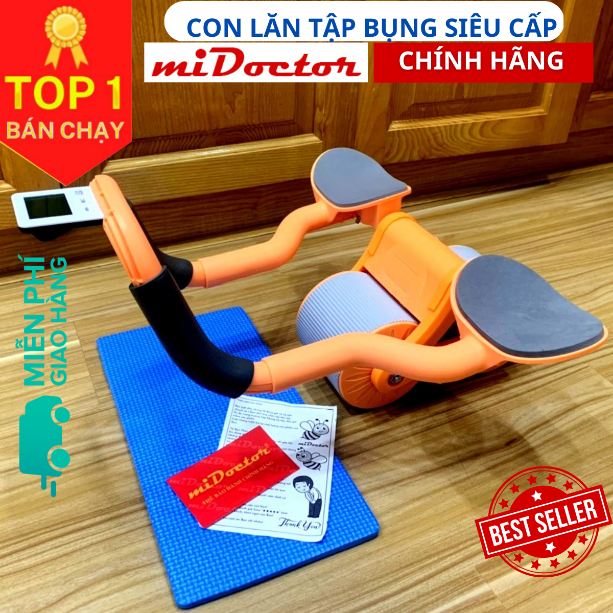 Con Lăn Tập Cơ Bụng Bánh Xe Trợ Lực Mi02 Thế Hệ Mới 2023 Hỗ Trợ Tập Plank Kèm Bệ Tỳ Tay, Đồng Hồ, Đệm Gối - Chính Hãng Midoctor - Con Lăn Trợ Lực Mi02