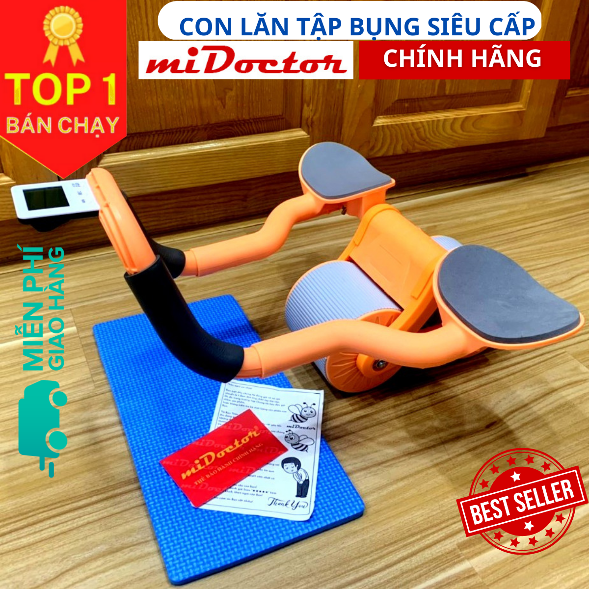 Con lăn Tập Cơ Bụng Bánh Xe Trợ Lực mi02 Thế Hệ Mới 2023 hỗ trợ tập Plank Kèm Bệ Tỳ Tay, Đồng Hồ, Đệm Gối - Chính Hãng miDoctor