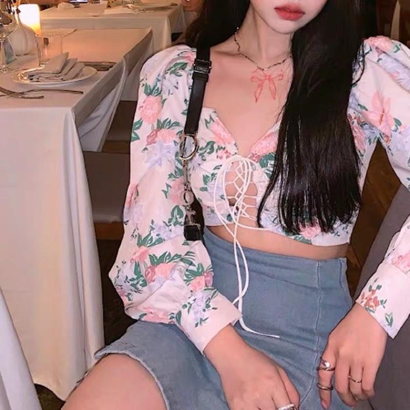 Áo croptop hoa lụa thắt nơ ngực sexy 2021