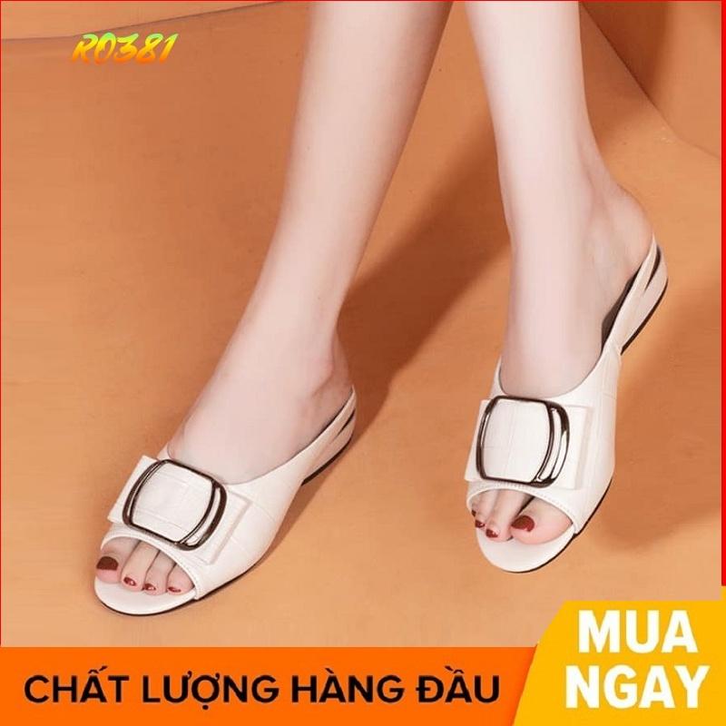 Dép nữ cao gót sandal quai ngang 2 phân hàng hiệu rosata hai màu đen kem ro381