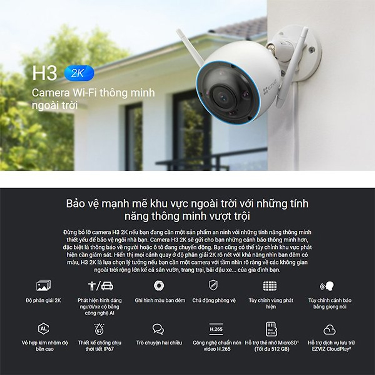 Camera Wifi EZVIZ Ngoài Trời H3 3MP 2K Siêu Nét, Tích Hợp AI Nhận Diện Người Và Xe, Màu Ban Đêm, Đàm Thoại 2 Chiều - Hàng chính hãng