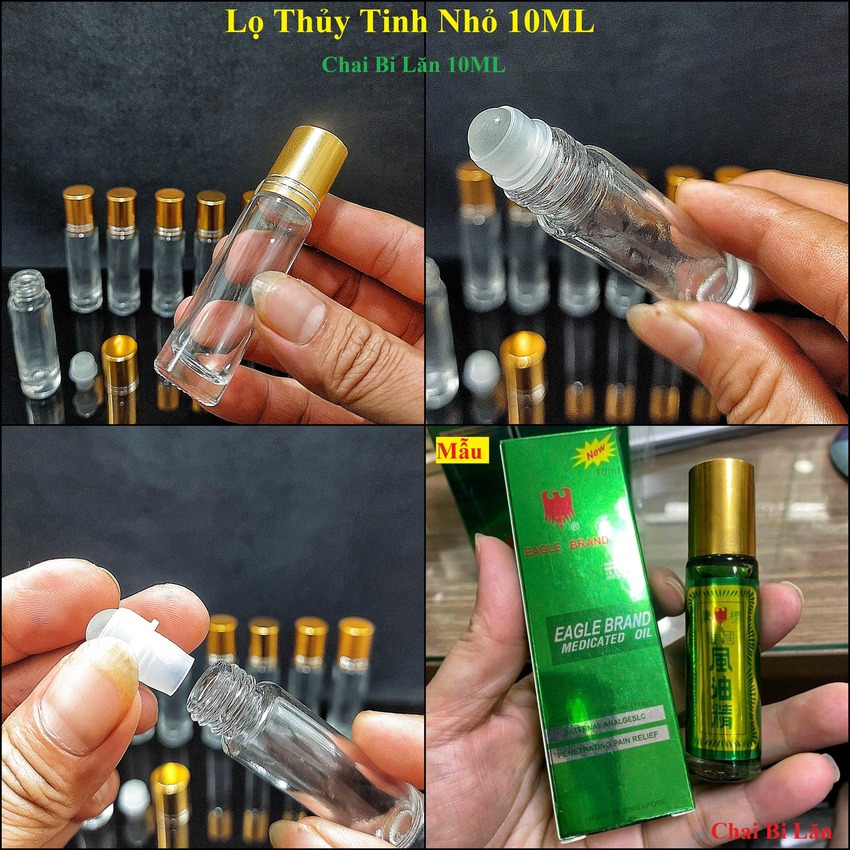 Chai Bi Lăn 10ML thủy tinh (combo 8 cái) mẫu trụ tròn nắp nhựa vàng – Chai Chiết Nước Hoa