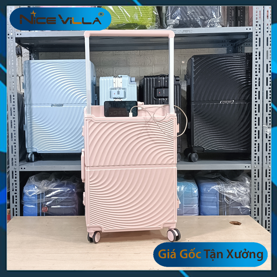 Vali Khung Nhôm Khóa Sập Vân Xoắn Cao Cấp Tích hợp cổng USB Size 22inch &amp; 26inch