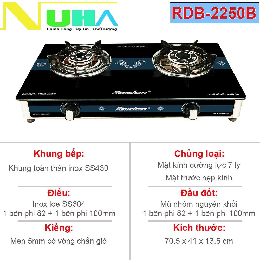 Bếp ga đôi kiếng cường lực Raiden RDB2250B, kiềng men 5mm, kính 7ly, mũ nhôm-Hàng chính hãng