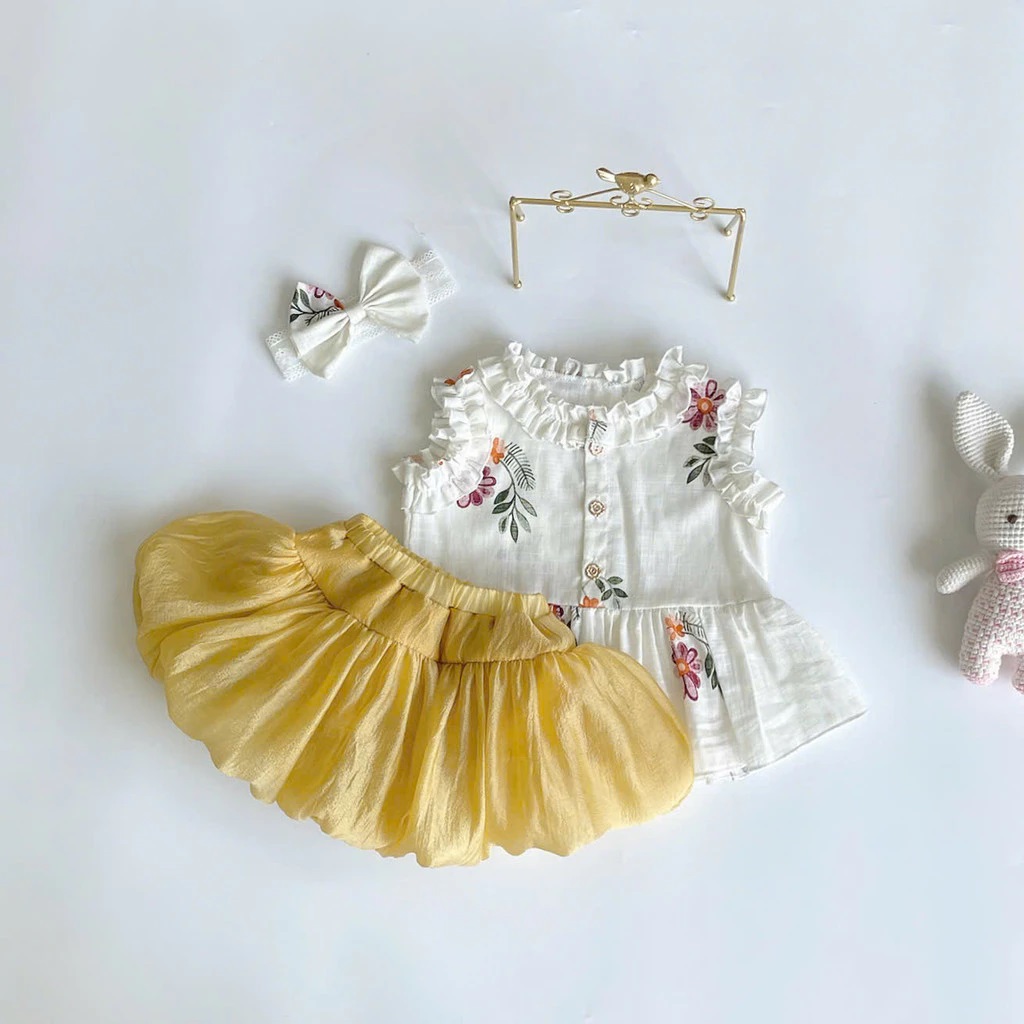Set Bộ Áo Sát Nách Viền Bèo Thêu Hoa Quần Đùi Bí Cho Bé Gái Sơ Sinh 1 2 Tuổi Từ 3-11kg Dành Cho Bé Gái