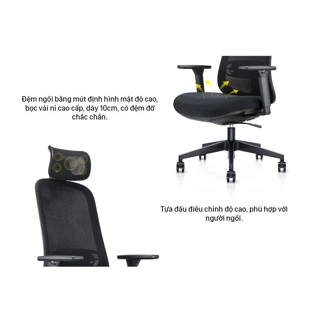 Ghế công thái học Ergonomic GOVI Felix F6232A - Thiết kế tựa đầu điều chỉnh độ cao, tựa tay 3D nâng hạ, mâm ghế ngả 135 độ