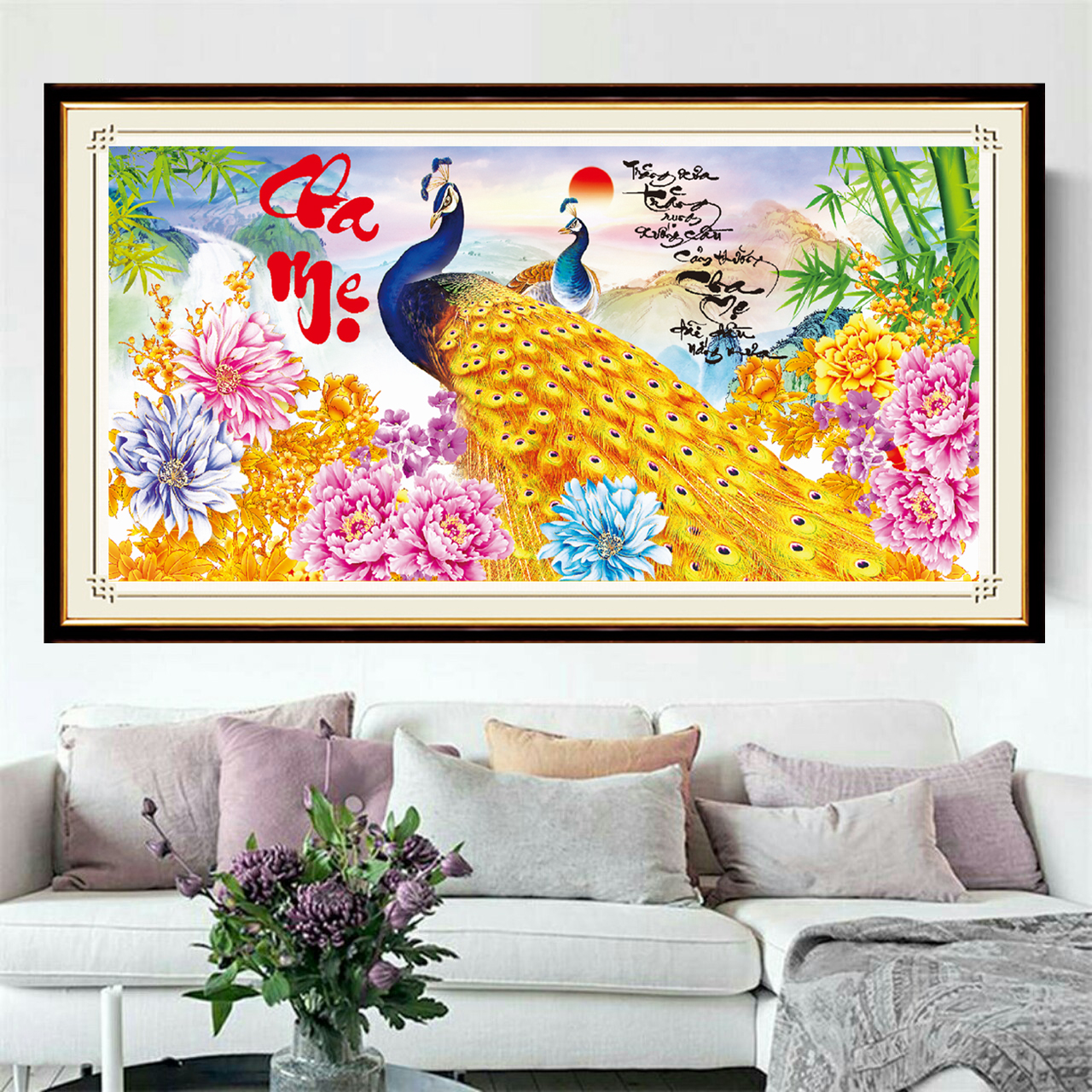 Tranh đính đá cha mẹ chim công hoa mẫu đơn VS058 - 90 x 45 cm - chưa đính