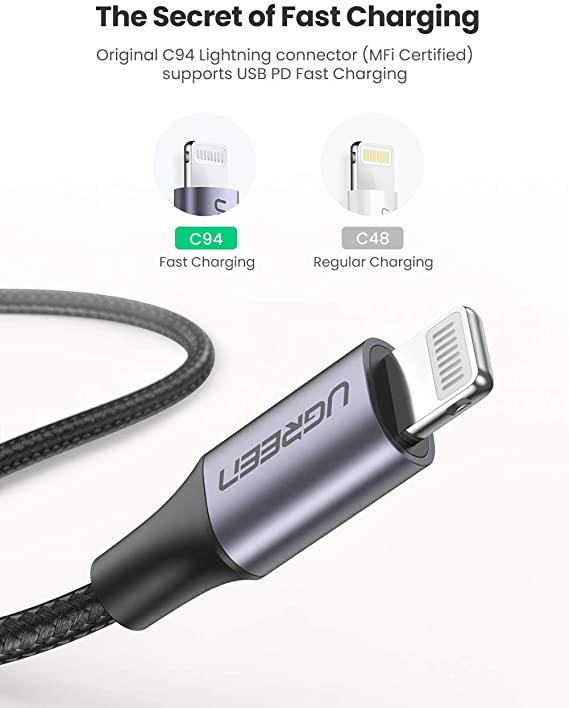 Cáp sạc nhanh USB-C sang Lightning MFI UGREEN US304, sạc nhanh 50% trong 30 phút cho iPhone 11 Pro Max / iPhone Xs Max / iPhone XR / iPhone 8 Plus - Hàng chính hãng