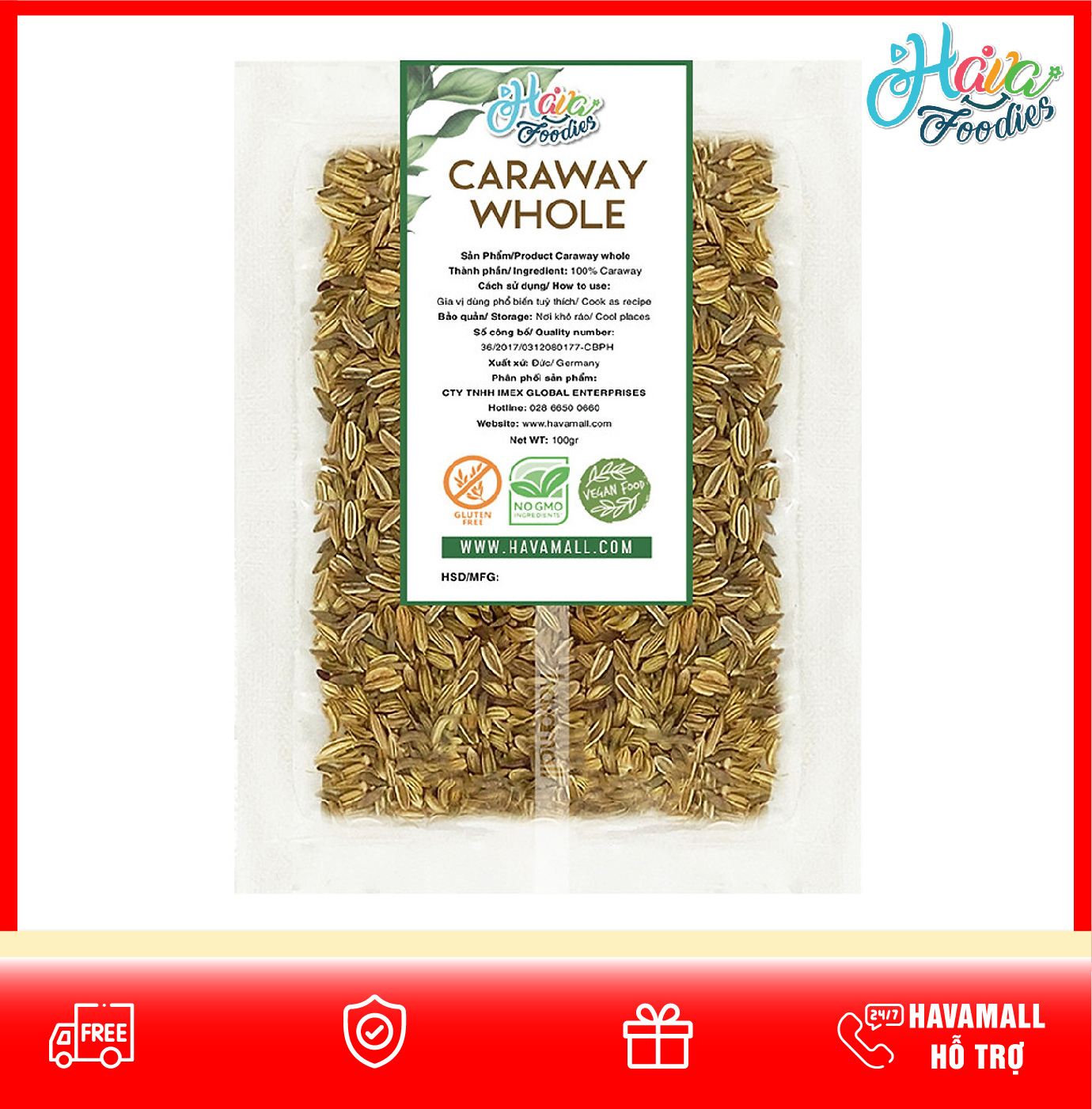 Hạt Caraway Whole - Tiểu Hồi Hương Nguyên Hạt Foodies Havafood 100gr