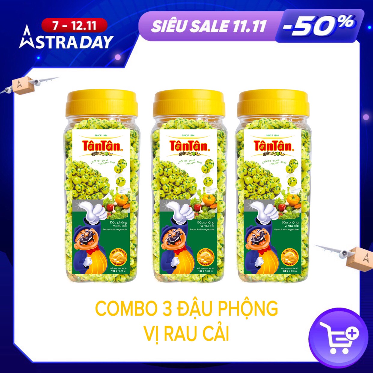 Combo 3 Hũ Đậu Phộng Vị Rau Cải Tân Tân - (190g x3) - GIÁ TỐT