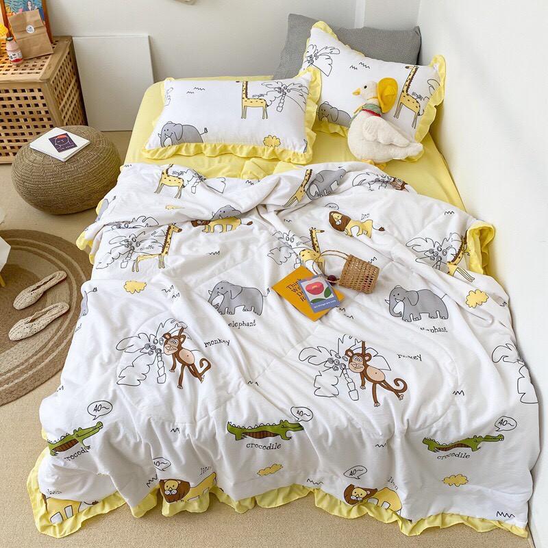 Bộ chăn đũi hè vỏ ga và 2 vỏ gối M2T bedding chăn lót bông thiết kế phối bèo họa tiết quả chanh đào