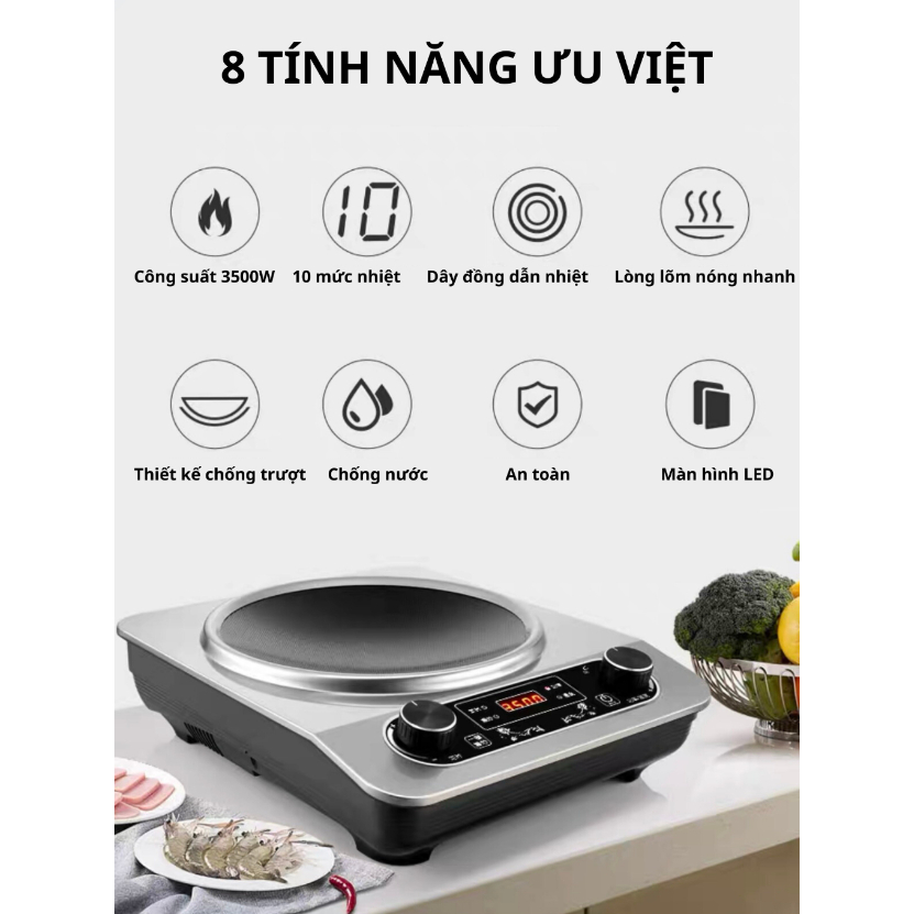 Bếp Từ Công Nghiệp Siêu Bền, Bếp Điện Từ Đơn Công Suất Lớn 3500w, Mặt Lõm Truyền Nhiệt Tốt Làm Nóng Nhanh Gấp Đôi, Chống Nước Tuyệt Đối, 10 Chế Độ Nấu, Có Hẹn Giờ, Tiết Kiệm