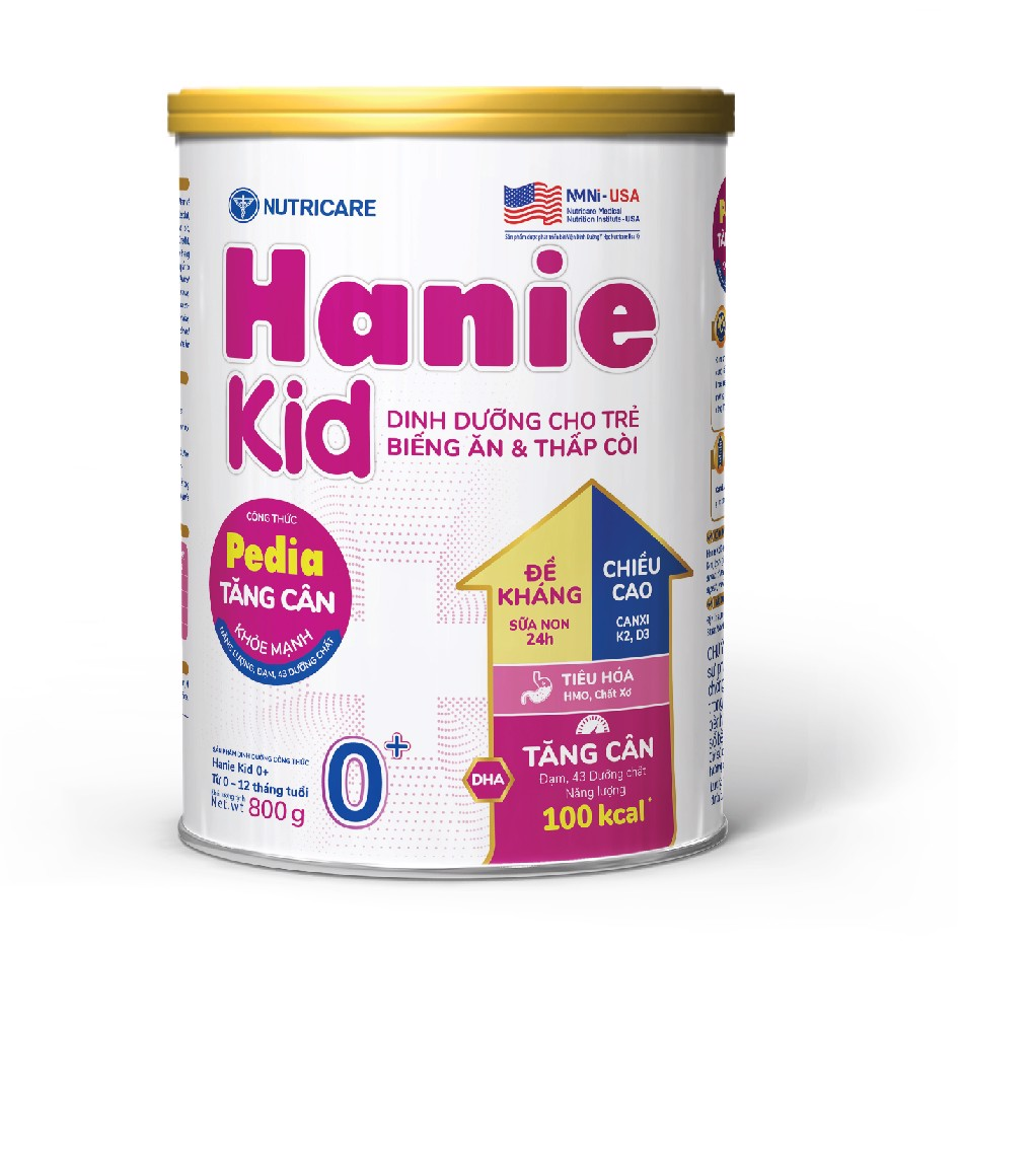 Sữa bột tốt cho bé Hanie Kid 0+ lon 800g, dinh dưỡng cho trẻ biếng ăn, suy dinh dưỡng