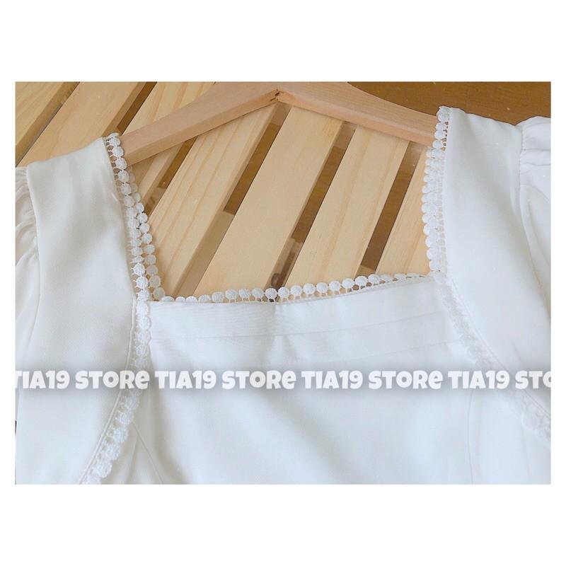 Váy trắng cổ vuông ren dài tay. Đầm trắng tiểu thư dài tay SP000007