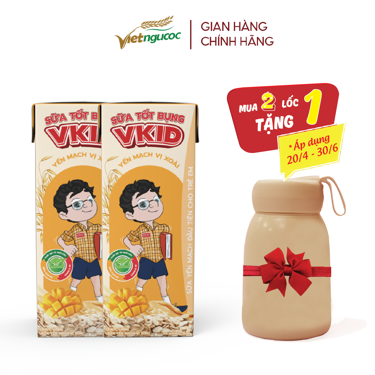 (Tặng 1 bình V-Kid) COMBO 2 Lốc 4 Hộp Sữa Yến Mạch V-Kid VIỆT NGŨ CỐC Vị Xoài 180ml/Hộp