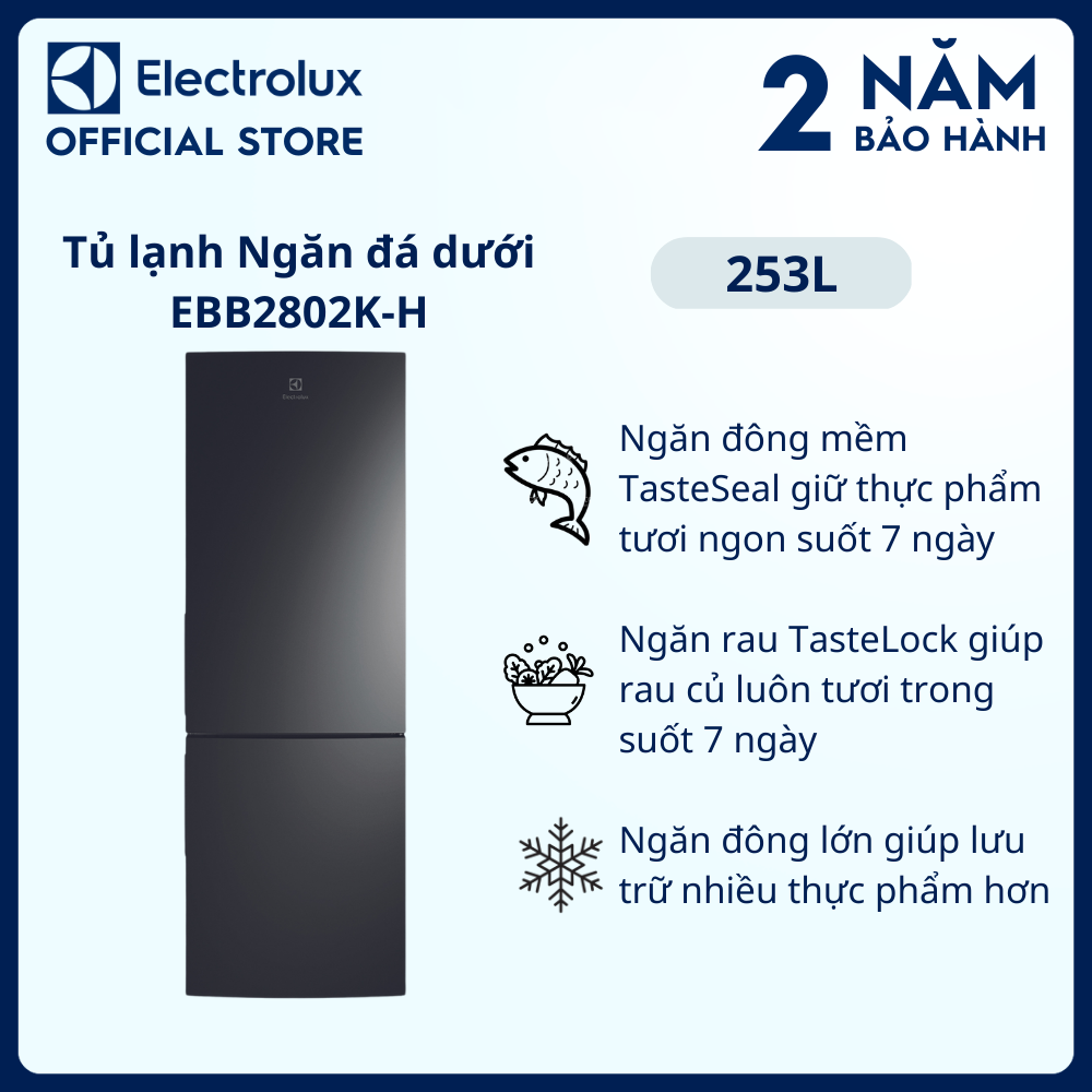 [Freeship] Tủ lạnh Electrolux Inverter UltimateTaste 300 ngăn đá dưới có ngăn đông mềm 253 lít  - EBB2802K-H - khử mùi diệt khuẩn, ngăn đông lớn, khay đá xoay, khay kệ linh hoạt [Hàng chính hãng]