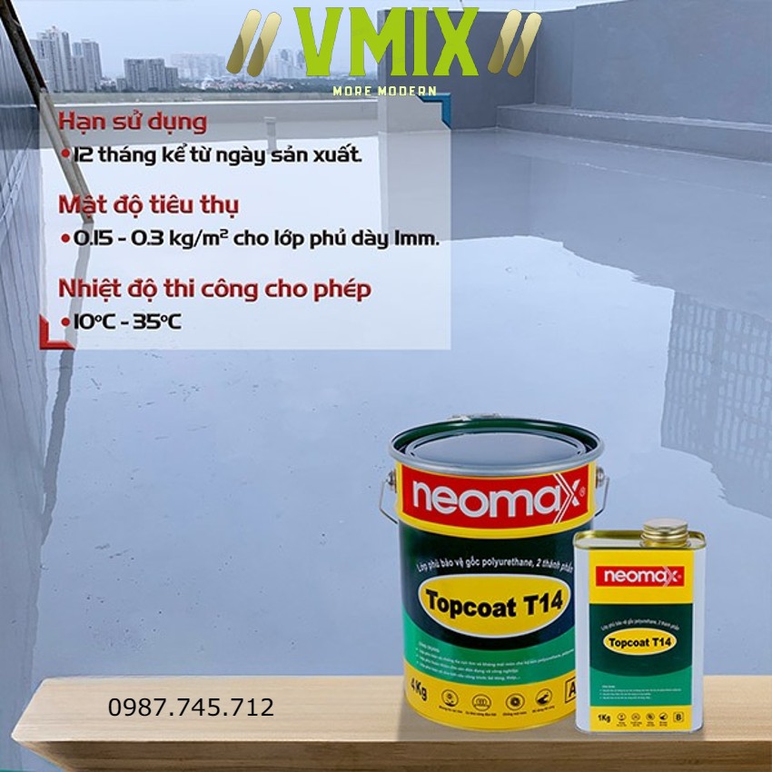 [5kg] Lớp báo vệ chống thấm Topcoat gốc Polyurethane 2 thành phần Neo Max dễ dàng thi công tiết kiệm chi phí cán vữa.