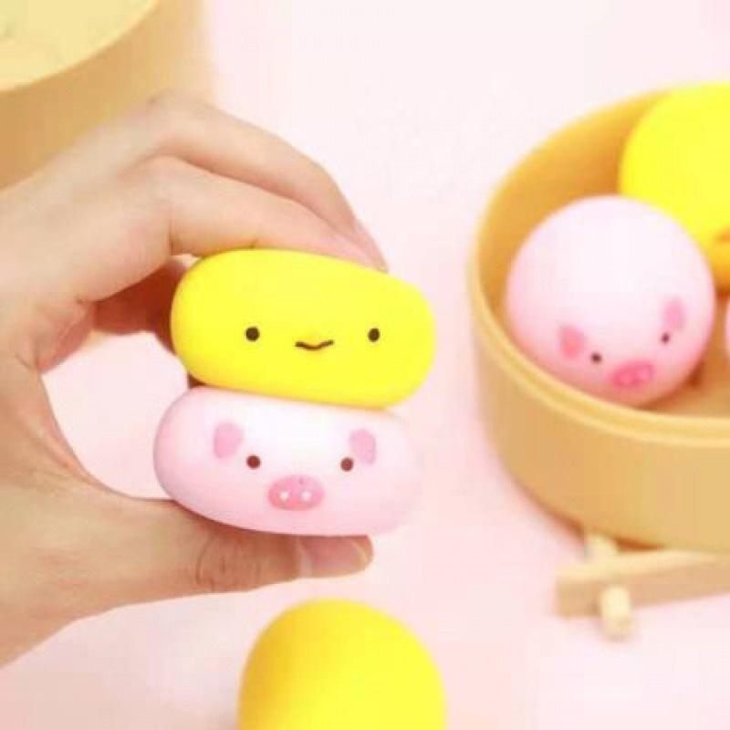 Bánh bao màn thầu squyshi mềm mại hộp 3 chiếc gấu trắng mặt hề đồ chơi bóp tay squishy