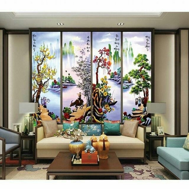 TRANH THÊU CHỮ THẬP TỨ QUÝ XUÂN HẠ THU ĐÔNG 135x83cm